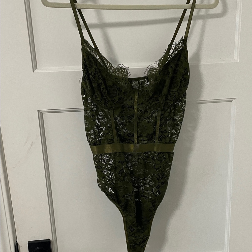 Lace Strappy Bodysuit in Olive Green